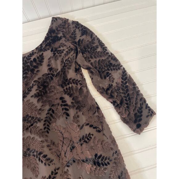 Fabian Molina Brown Leaf Textured & Lace Insert Midi Shift Dress Size M - Picture 3 of 9